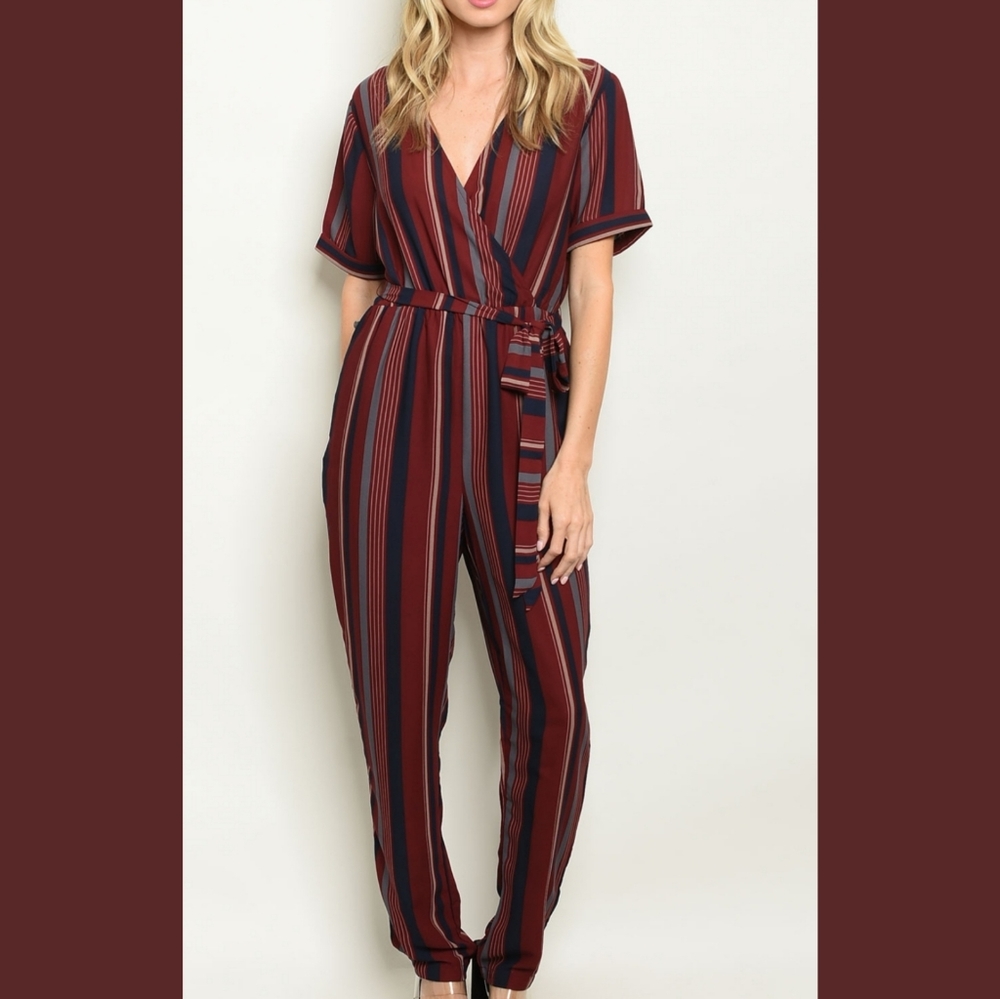 Blues & Greys Multi Striped Wrap Belted Jumpsuit